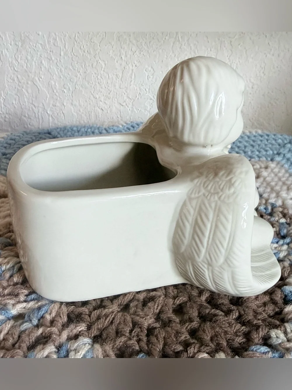 Vintage Ceramic Cherub Angel Holding a Bird Planter